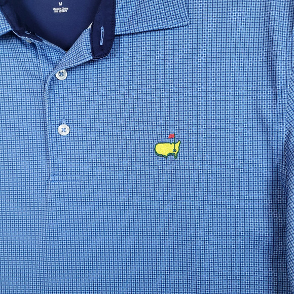 Masters Tech Blue Stretch Micro Check Polo Shirt Embroidered Logo Medium D7 - Picture 3 of 9